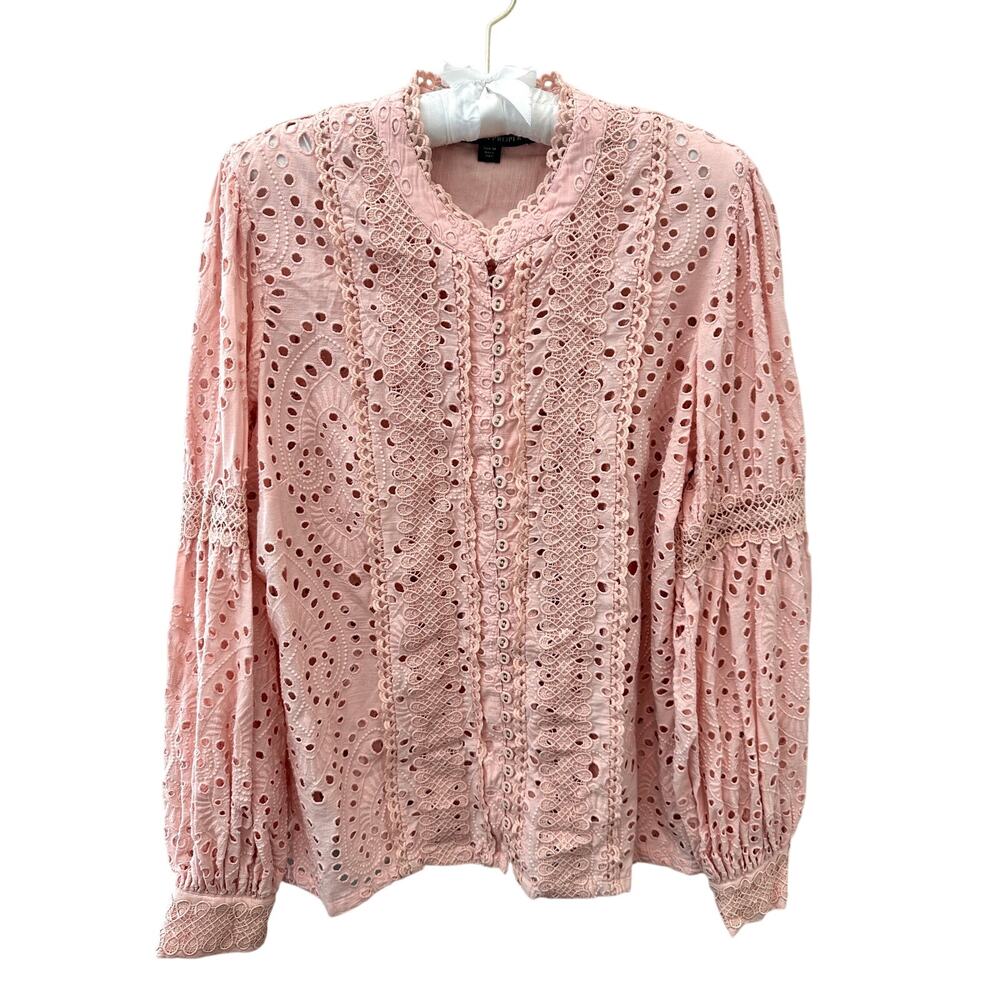BOSTON PROPER Blush Pink Eyelet Lace Romantic Boho Blouse Top | Medium